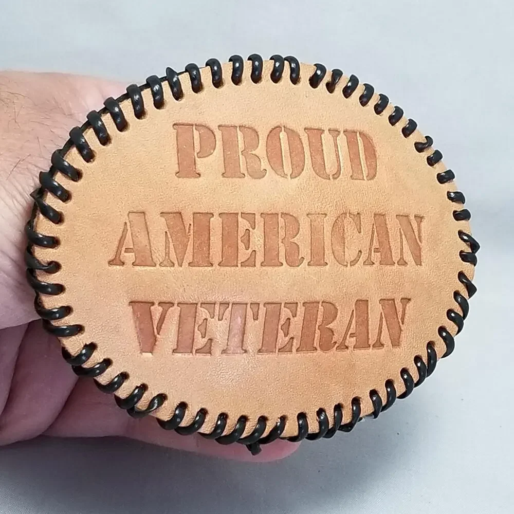 Proud American Veteran Leather Belt Buckle Oval‎ Black Stitch USA Pride